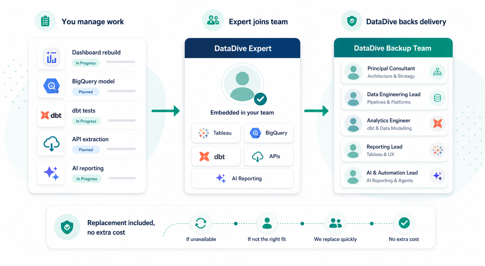 Expert joins client team with DataDive backup team and replacement included